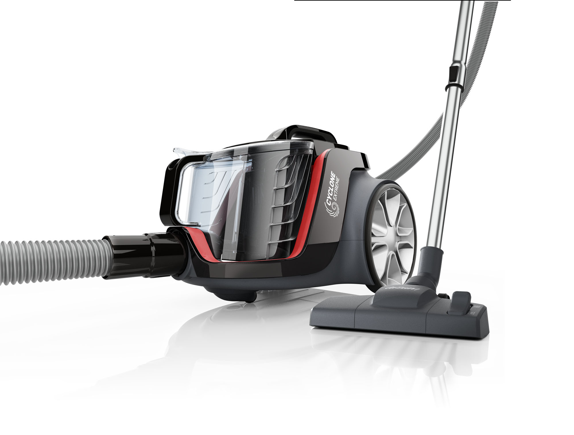 A high-definition commercial 3D product render of the Arzum Cyclone Extreme vacuum cleaner against a pristine white background. This key visual, created specifically for product packaging in Istanbul, showcases intricate details, precise textures, and advanced CGI lighting. Features the visible red 'Cyclone Extreme' canister, a flexible hose, a telescopic wand, and a floor brush, emphasizing engineering precision and premium build quality.